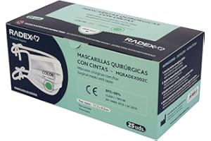 RADEX 85005120. Caja de 25 Mascarillas Quirúrgicas con Cintas Tipo IIR, Color Verde, BFE 98%, Certificadas CE, Fabricadas en España, Extra Suave