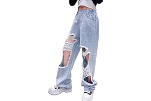 FEOYA Kids Girls Jeans Ripped Baggy Wide Leg Denim Pants High Elastic Waist Loose Straight Casual Fashion Retro Trousers with Pockets Age 5-15 Years