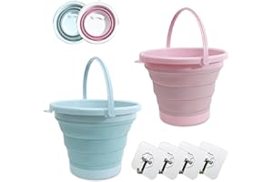 MOLBORY Lot de 2 seaux pliants : seaux de nettoyage pliables en silicone, 5 l, pour enfants, pour le camping, la randonnée, la pêche, le nettoyage, la cuisine avec 4 crochets adhésifs (bleu/rose)