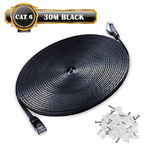 JONI FUN 30m Cable de Red Cat6 Gigabit Ethernet Cable LAN  Cable de Conexión a Red  RJ45 Cable de Parcheo(1000 Mbit/s/1 Gigabit/Twisted Pair/FTP/sin Halógeno/100% Cobre)  30M Negro  Clips Gratis