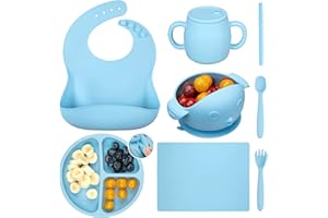 HAUSPROFI Zestaw naczyń, 7 sztuk silikonowych naczyń z przyssawką, bez BPA, antypoślizgowe talerze z przyssawką, śliniaczki, łyżki, widelca, naczynia