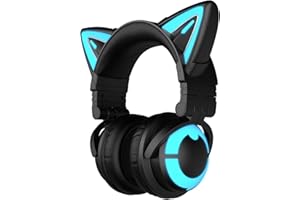 YOWU RGB Cat Ear Headphone Wireless 5.2 Foldable Gaming Headset with SoundMage Acoustic System, Built-in Mic & Customizable Lighting and Effect via APP, Designed for Gamer Girls (3G, Black)