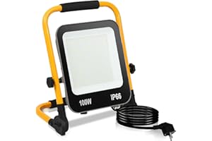 Gimisgu 100W Faretto LED da Cantiere, 10000LM Super luminoso Faro LED 6000K Bianca Freddo, Lampada da Lavoro con staffa pieghevole, Impermeabile IP66 per cantiere edile,3M Cavo con Spina