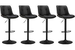 VASAGLE Tabourets de Bar, Lot de 4, Chaise de Cuisine, Siège Pivotant à Hauteur Réglable, Matelassé, en PU, avec Dossier et Repose-Pieds, Salle à Manger, Comptoir, Acier, Noir d'encre LJB295B01