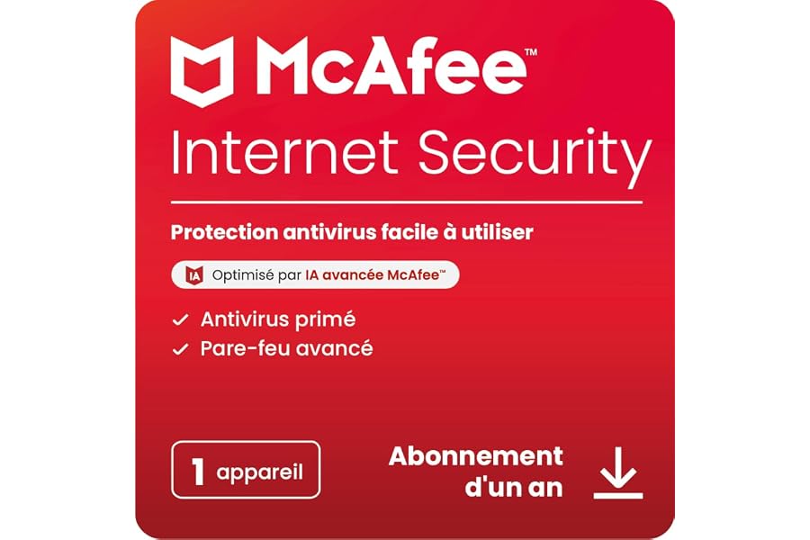 McAfee Internet Security 1 appareils 2025 | 12 mois | Protection en temps réel des ordinateurs contre les menaces émergentes