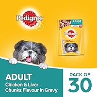 Pedigree Adult Wet Dog Food, Chicken and Liver Chunks in Gravy, 30 Pouches (30x80g)