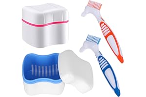CEONAM Denture Cleaner Box and Brush Set - 2 Pack Denture Bath Case with Basket + 2 Pack Denture Brush, Portable Denture Retainer Storage Box, Premium Hygiene False Teeth Brushes for Oral Care