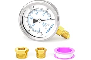 MEANLIN MEASURE -1~0BAR/-15~0PSI Manomètre à cadran en acier inoxydable 1/4"BSP 2.5" WOG Water Oil Air Montage inférieur,avec douille hexagonale 1/4"x 1/2" BSP et 1/4"x 3/8" BSP