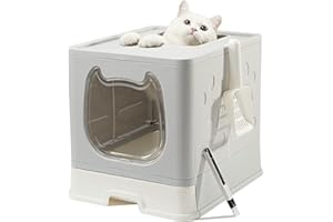 Pawsayes Katzentoilette, Faltbare Katzenklo, Katzentoilette mit Deckel, Haustiertoilette inklusive Schaufel und sauberer Bürste, Leicht zu Reinigen Katzentoilette Grau