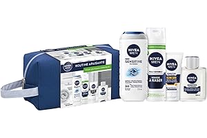 NIVEA MEN - Trousse Sensitive - Gel Douche 3-en-1 (250 ml) + Mousse À Raser (200 ml) + Baume Après-Rasage (100 ml) + Crème Visage FPS 15 (75 ml) - Routine Apaisante Corps & Visage - Peaux Sensibles