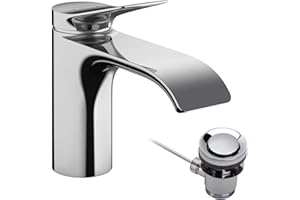 ‎HANSGROHE hansgrohe Vivenis - Waschtischarmatur mit Zugstangen-Ablauf, Wasserhahn Bad mit Auslauf Höhe 80 mm, Mischbatterie Waschbecken wassersparend (EcoSmart), Chrom, 75010000