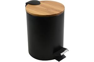 Spirella - Poubelle de Salle de Bain à Pédale en Acier ADONIS - Couvercle Bambou - Fermeture Douce Easy-Close, Bac Intérieur - Ø 17 x 22,5 cm - 3L - Noir