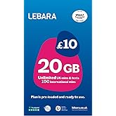 Lebara UK Pay As You Go SIM Card - 20GB Data, Unlimited UK Minutes & Texts, 100 International minutes for £10