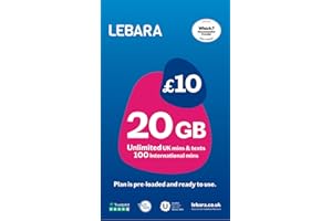 Lebara UK Pay As You Go SIM Card - 20GB Data, Unlimited UK Minutes & Texts, 100 International minutes for £10