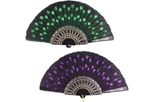 Morices 2 Pcs Sequin Folding Fans, Elegant Embroidered Flower Peacock Pattern Handheld Fan, Decorative Hand Fans for Dancing Wedding Party Favors Gift Wall Hanging Decoration (Green + Purple)