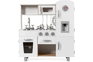 RELAX4LIFE Cucina Giocattolo per Bambini in Legno, Set da Cucina Ben Attrezzato con Microonde, Forno, Distributore d'Acqua, Frigorifero, Giocattolo Educativo per Bambini 3+ Anni (Bianco)