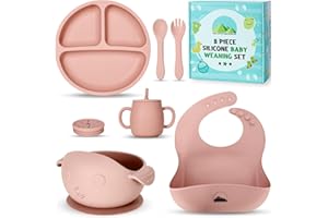 THE LITTLE CHILTERN CO Little Chiltern Co Baby Weaning Set - 8 Pcs Silicone Baby Feeding Set with Adjustable Bib, Suction Bowl & Plate, Cup, Fork & Spoon - Microwave & Dishwasher Safe - Self Eating Utensil Set - Pink