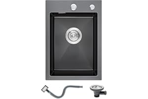 KINKIBOS 304 Stainless Steel Kitchen Sink 35 x 50 cm, Small Kitchen Sink, Topmount Kitchen Sink with Tap Hole and Overflow (Without Drain Pipe), 1 Bowl, Grey-Black