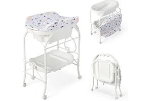 COSTWAY Table à Langer 2 en 1 avec Baignoire 20L Plateau de Rangement, Commode à Langer Pliable Couches Étanches Roue Universelle à Frein Charge 35KG, pour Bébé 0-12 Mois (Blanc)