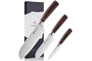 KEEMAKE Set Couteau Cuisine 3 Pièces, Couteaux de Cuisine Office Professionnel en Acier Inoxydable Santoku Japonais Universel Légume, Manche en Pakkawood