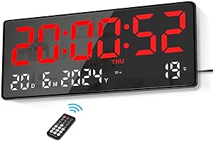Lafocuse 15.5" Orologio da Parete Digitale Grande LED, Orologio da Tavolo con Numeri Grande, Telecomando, Calendario, Temperatura, Orologio Digitale per Cucina Soggiorno Camera da Letto Ufficio, Rosso