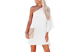 GENERIC Damen LäSsiges SchmetterlingsäRmel Sommerkleid Einfarbigem One Shoulder A-Linie Minikleid RüSchenäRmel Locker Kurzes Kleid Partykleid