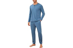 Jahetuul Pijama Hombre Invierno Algodón Manga Larga con Cuello Redondo Diseño de Escote con Efecto de Capas Conjunto de Dormir Cómodo para Casa