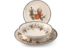 H&H Servizio Tavola 18 Pezzi Garland in Stoneware Decorato – Stile Invernale, Montano e Natalizio – Piatto Frutta con Scoiattolo, Ghirlanda su Piatti Piani e Fondi – Lavabile, Microonde