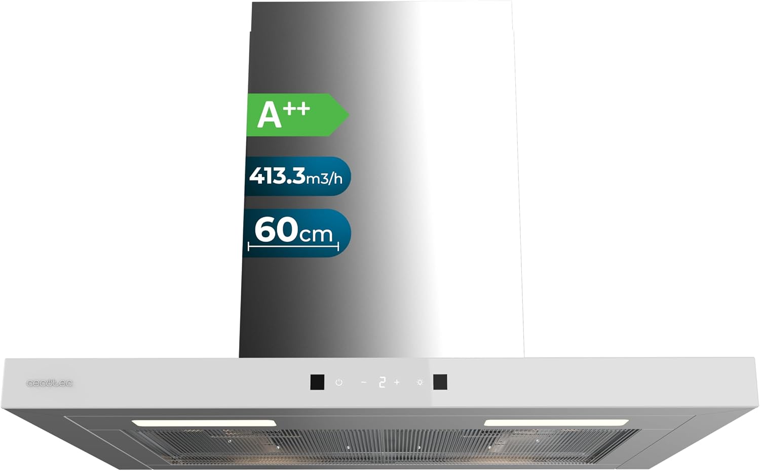 Cecotec Campana Extractora en forma de T Bolero Flux TT 604400 Inox A++, 60cm, 413,3m³/h de succión, Clase A++, Control Táctil Invisible, Hand Movement Control, Función Booster, Filtros Lavables