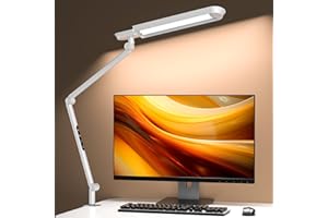AmazLit Lampa biurkowa LED, 1100 lumenów, z zaciskiem, wychylna, 18 W, wysoka jasność, bez oślepiania, ochrona oczu, lampa biurowa, wielokrotne oświetlenie/funkcja, biała