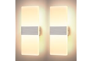 Glighone LED Wall Lights for Living Room Dimmable12W Up Down Wall Lighting Modern Acrylic Wall Lamp Hardwired Wall Sconce Bedroom Corridor, Warm White (2 Pack,Sliver)