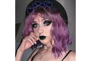 LEMEIZ Flawless Beachy Weave Purple Wigs with Bangs Ombre Dark to Purple Synthetic Wigs for Women Short Wob Hair Wigs uk 10 inch LEMEIZ-134