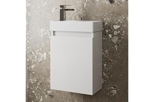 Artis 400mm Bathroom Vanity Unit With Wash Basin Ceramic Sink, Single Door, Cloakroom Storage Furniture Under Basin Cabinet, Wall Hung Cabinets. White Gloss