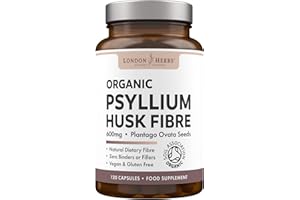 London Herbs Organic Psyllium Husk Capsules 1200mg | High Strength Psyllium Husk Fibre Supplement | 120 Vegan Capsules | Daily Soluble Fibre Supplement
