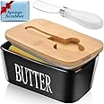 Butter Dish with Lid, Large Butter Container for Countertop, Ceramic Butter Holder for Counter, Butter Tray Butter Keeper with Knife and Sponge Scrubber, Perfect for 2 Sticks of Butter, Black