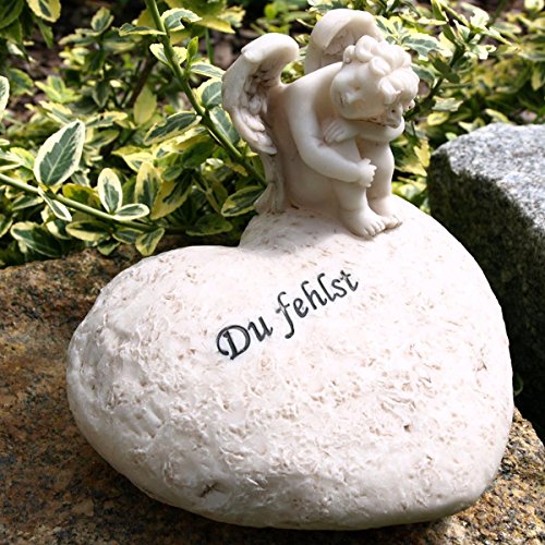 Grabschmuck Engel Figur auf Herz sitzend mit Inschrift Du fehlst. - 3