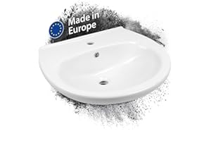 ‎AQUASU 'aquaSu® 60 cm Waschbecken Aveiro, Waschtisch mit Überlauf und Hahnloch, Hänge-Waschbecken Made in EU, Waschtisch wandhängend, 60 x 50 cm, Sanitärkeramik weiß, 550208