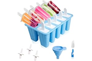 MEAJORE Eisformen Eis am Stiel, 10 Hohlräume Eisformen Eis Am Stiel Silikon, DIY Kreative Eisform,Eis Formen für Stieleis,Popsicle formen mit Silikontrichter Und ReinigungsbüRste (Blau)
