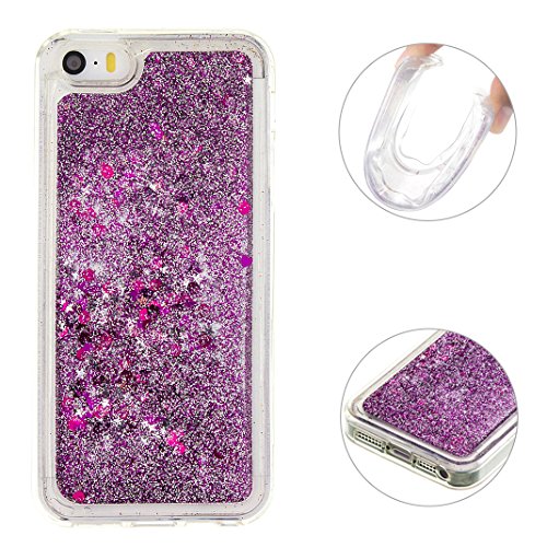 iPhone SE Glitzer Hülle Rosa Schleife® TPU Weiche Silikon Backcover Slim Case 3D Fließen Flüssig Shiny Bling kristall Handyhülle Handytasche Schale Bumper mit Schmetterling Herz Muster Entwurf für iPhone 5S / iPhone 5 (4.0 Zoll)