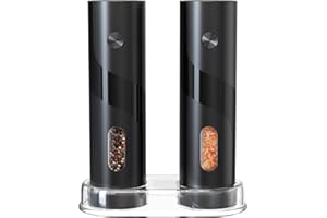 CIRCLE JOY Elektrische Salz- und Pfeffermühle Set Batteriebetriebene Salz- und Pfeffermühlen mit Sockel, Einstellbarer Grobheit, 120ml Behälter und Weißem LED-Licht, Schwarz