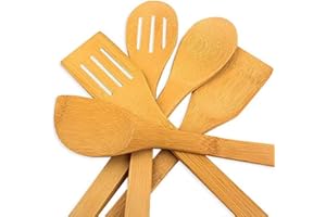 hollylife 5PCS Ustensiles de Cuisine en Bois pour Poêle antiadhésive Outil Ensemble Accessoires Complet Bambou 30CM cuillère Spatula Turner Non Toxiques déformation durabilité Ergonomique
