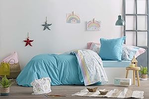 Burrito Blanco Juego de Sábanas 170 | Sábanas Bajera Ajustable | Algodón y Poliéster | Cama 105cm | Diseño Estrellas y Arcoiris