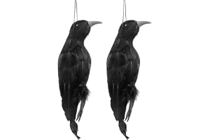 MISNODE 2-pack realistiska hängande döda kråkor lockbete, 32 cm falsk kråka naturlig storlek extra stor handgjord svart befjä