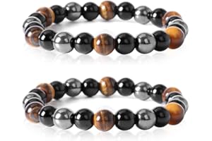 LOHEY Beads Bracelet Triple Protection, 8 Mm Tigers Eye Bracelet Hematite Beads & Black Obsidian Balance Bracelet Gemstones Bracelet For Protection - Bring Luck And Prosperity Unisex 16cm To 18cm （2 Pack）