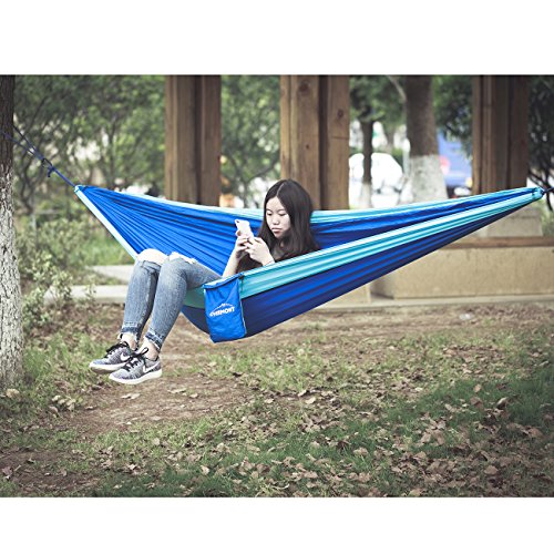 Overmont 300x200cm Tragbar Leicht Hängematte für Wandern Reisen Strand Garten Camping Outdoor Sport 300kg Tragfähigkeit Blau/Grün/Orange – Bild 7