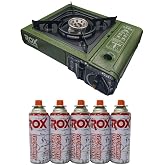 Rox 153Rox0188 Tekli Portatif Kamp Ocak - Haki Yeşil, R&uuml;zgarlıklı, Ekstra Gaz Girişli, 5 Adet Gaz