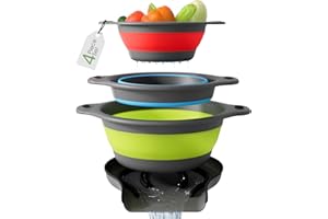 Gevoli Scolapasta pieghevole con base autodrenante per bordo del lavandino, colini per alimenti (piccolo/medio/grande), design annidato per una facile conservazione (rosso, blu, verde) (set da 4