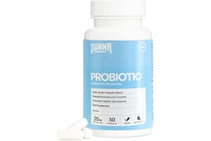 SUNNA SUPPLEMENTS Probiotic Capsules – 20 Billion CFU with Prebiotic Inulin – Bifidobacterium & Lactobacillus – Daily Gut Microbiome Support – 30 Capsules