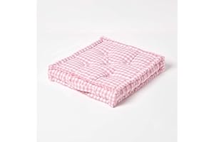 HOMESCAPES Pink & White GINGHAM Check Floor Cushion - 100% Cotton - 40 x 40 x 8 cm Square - Indoor - Garden - Dining chair booster Seat Cushion Pad