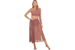 ranrann Femme Robe Danse Classique Manches Asymétrique Robe Danse Latine Salsa Salon Rumba Justaucorps Ballet Tenue Danse Contemporaine Dancewear S-XXL